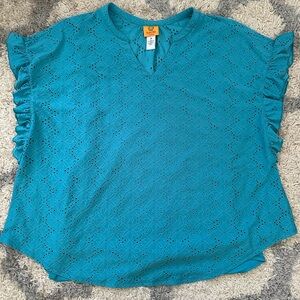 Ruby Rd. Teal Eyelet Blouse with Ruffle Sleeves